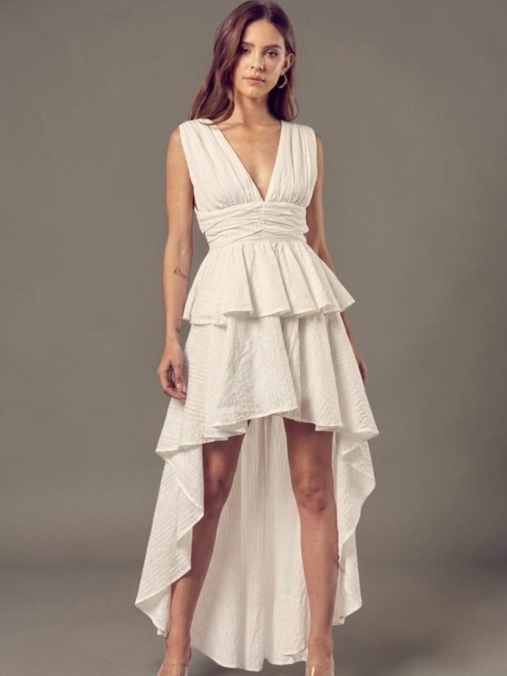 High Low Ruffle Maxi Dress Sz M Off White Deep V Coquette Ethereal Romantic